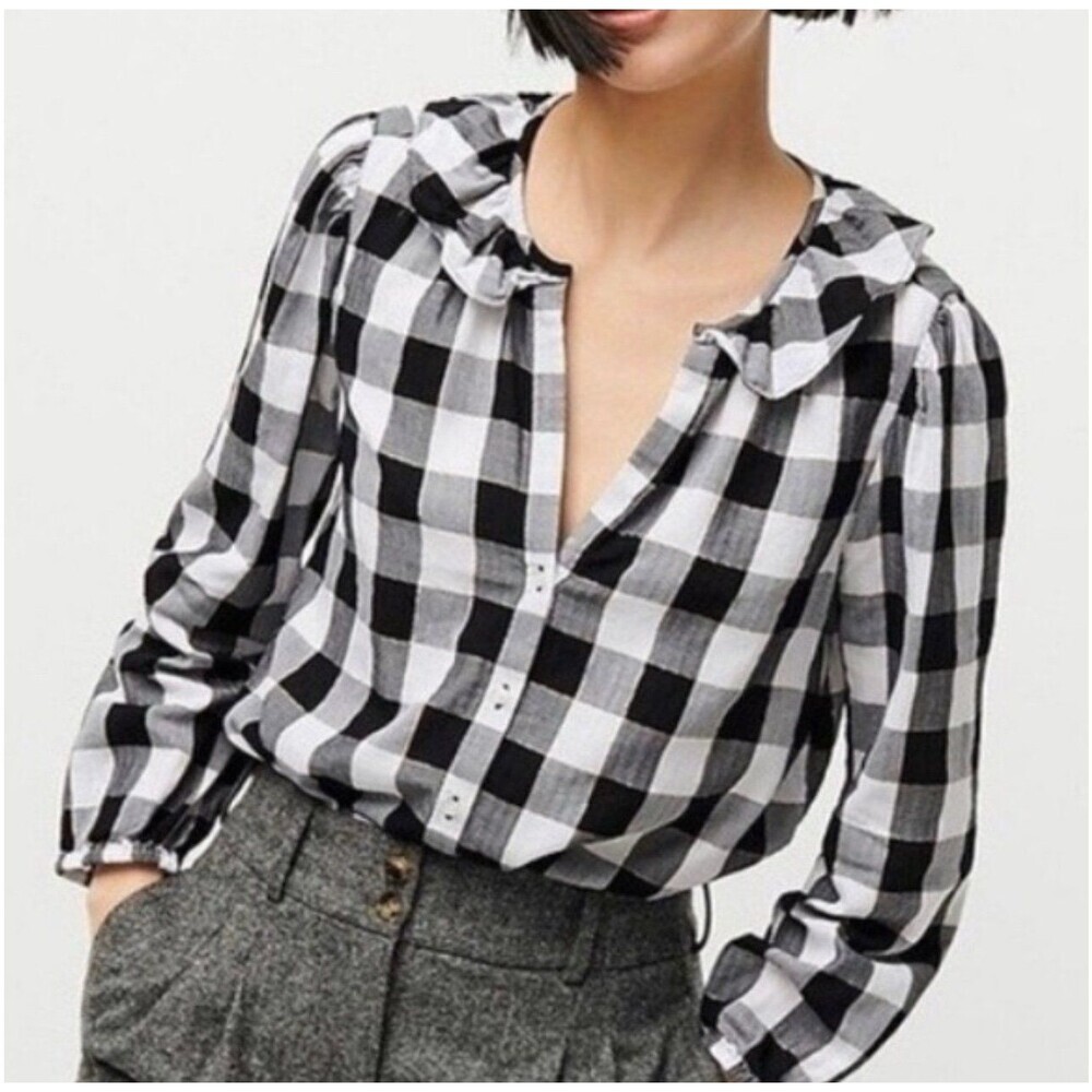 J. Crew Buffalo Plaid Ruffle V Neck Button
Up Blouse Size XS